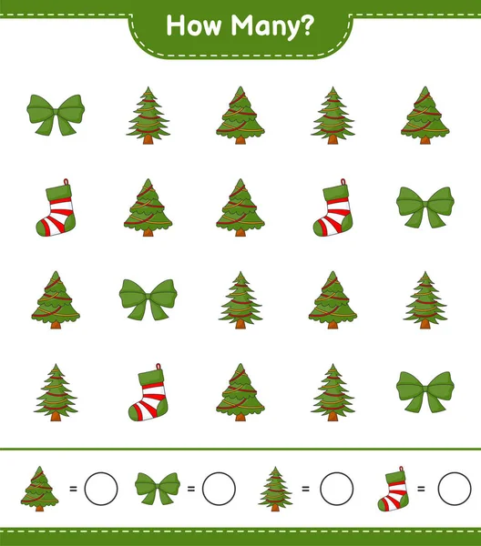 Oyun sayma, kaç tane Noel Ağacı, kurdele ve Noel Çorabı. Eğitimsel çocuk oyunu, yazdırılabilir çalışma tablosu, vektör illüstrasyonu