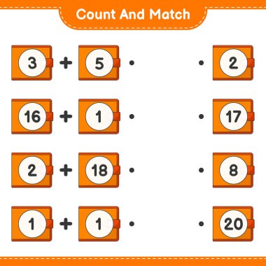 Say ve eşleştir, cüzdan sayısını say ve doğru numaralarla eşleştir. Eğitimsel çocuk oyunu, yazdırılabilir çalışma tablosu, vektör illüstrasyonu