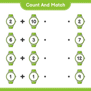Say ve eşleştir, saatlerin sayısını say ve doğru numaralarla eşleştir. Eğitimsel çocuk oyunu, yazdırılabilir çalışma tablosu, vektör illüstrasyonu