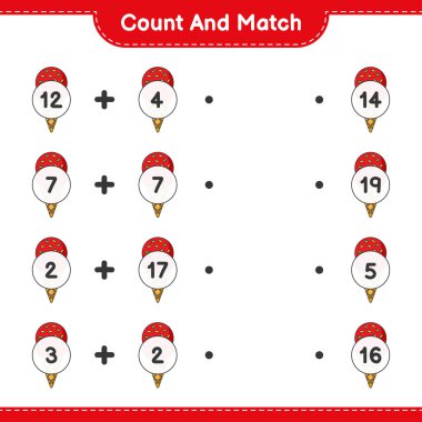 Say ve eşleştir, dondurma sayısını say ve doğru sayılarla eşleştir. Eğitimsel çocuk oyunu, yazdırılabilir çalışma tablosu, vektör illüstrasyonu