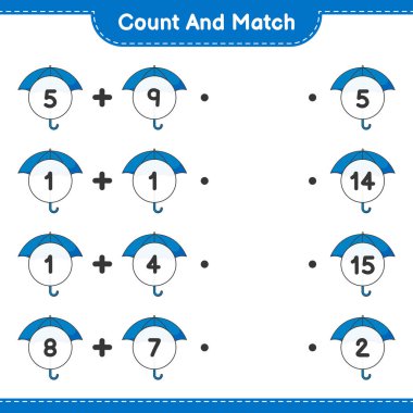 Say ve eşleştir, Şemsiye sayısını say ve doğru numaralarla eşleştir. Eğitimsel çocuk oyunu, yazdırılabilir çalışma tablosu, vektör illüstrasyonu
