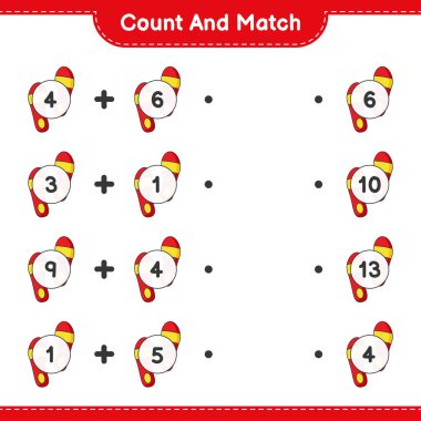 Say ve eşleştir, parmak arası terlik sayısını say ve doğru numaralarla eşleştir. Eğitimsel çocuk oyunu, yazdırılabilir çalışma tablosu, vektör illüstrasyonu