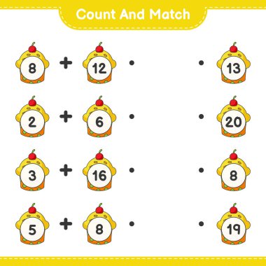 Say ve eşleştir, Kupa Pastası sayısını say ve doğru rakamlarla eşleştir. Eğitimsel çocuk oyunu, yazdırılabilir çalışma tablosu, vektör illüstrasyonu