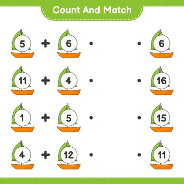 Say ve eşleştir, yelkenli sayısını say ve doğru rakamlarla eşleştir. Eğitimsel çocuk oyunu, yazdırılabilir çalışma tablosu, vektör illüstrasyonu