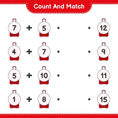 Say ve eşleştir, seyahat çantasının sayısını say ve doğru numaralarla eşleştir. Eğitimsel çocuk oyunu, yazdırılabilir çalışma tablosu, vektör illüstrasyonu