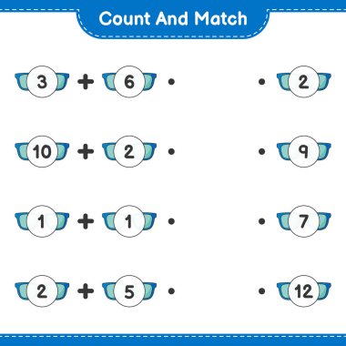 Say ve eşleştir, güneş gözlüğü sayısını say ve doğru numaralarla eşleştir. Eğitimsel çocuk oyunu, yazdırılabilir çalışma tablosu, vektör illüstrasyonu