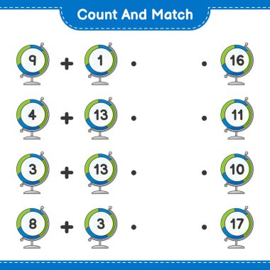 Say ve eşleştir, Globe 'un sayısını say ve doğru sayılarla eşleştir. Eğitimsel çocuk oyunu, yazdırılabilir çalışma tablosu, vektör illüstrasyonu