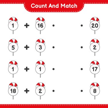 Say ve eşleştir, Candy sayısını say ve doğru sayılarla eşleştir. Eğitimsel çocuk oyunu, yazdırılabilir çalışma tablosu, vektör illüstrasyonu