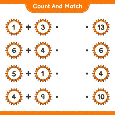 Say ve eşleştir, Güneş 'in sayısını say ve doğru sayılarla eşleştir. Eğitimsel çocuk oyunu, yazdırılabilir çalışma tablosu, vektör illüstrasyonu