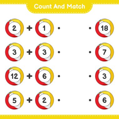 Say ve eşleştir, Beach Ball 'un sayısını say ve doğru numaralarla eşleştir. Eğitimsel çocuk oyunu, yazdırılabilir çalışma tablosu, vektör illüstrasyonu