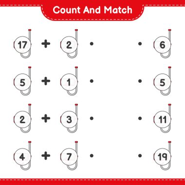 Say ve eşleştir, Scuba Dalış Maskesi sayısını say ve doğru numaralarla eşleştir. Eğitimsel çocuk oyunu, yazdırılabilir çalışma tablosu, vektör illüstrasyonu