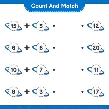 Say ve eşleştir, Summer Hat 'in sayısını say ve doğru rakamlarla eşleştir. Eğitimsel çocuk oyunu, yazdırılabilir çalışma tablosu, vektör illüstrasyonu