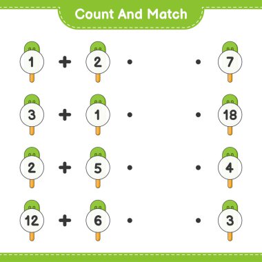 Say ve eşleştir, dondurma sayısını say ve doğru sayılarla eşleştir. Eğitimsel çocuk oyunu, yazdırılabilir çalışma tablosu, vektör illüstrasyonu