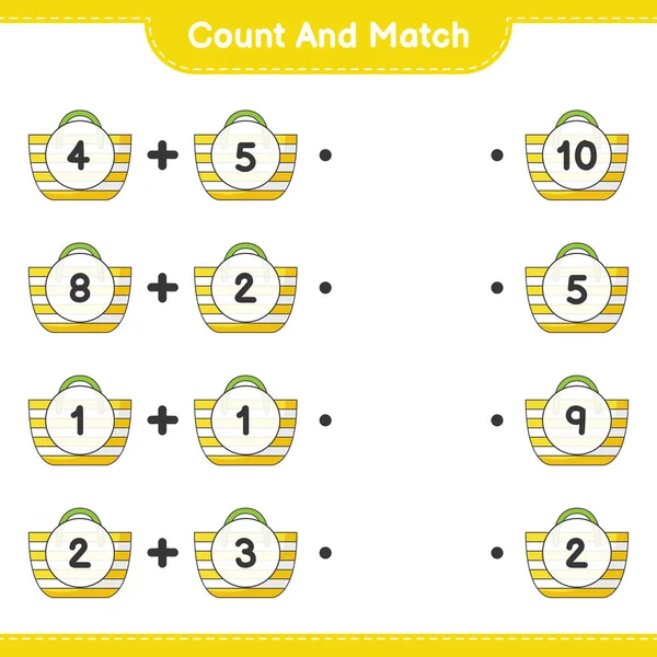 Say ve eşleştir, plaj çantalarını say ve doğru numaralarla eşleştir. Eğitimsel çocuk oyunu, yazdırılabilir çalışma tablosu, vektör illüstrasyonu