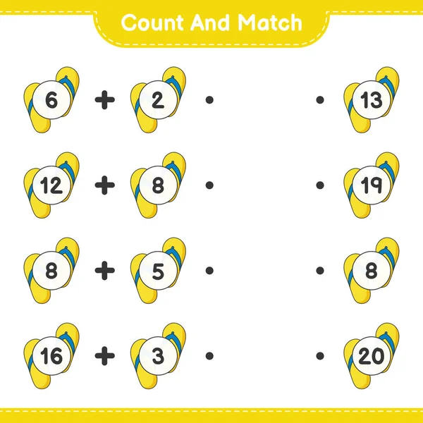 Say ve eşleştir, parmak arası terlik sayısını say ve doğru numaralarla eşleştir. Eğitimsel çocuk oyunu, yazdırılabilir çalışma tablosu, vektör illüstrasyonu