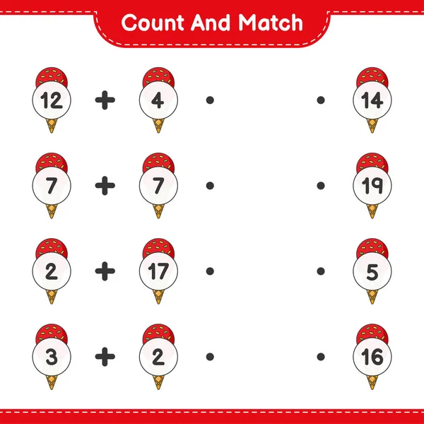 Say ve eşleştir, dondurma sayısını say ve doğru sayılarla eşleştir. Eğitimsel çocuk oyunu, yazdırılabilir çalışma tablosu, vektör illüstrasyonu