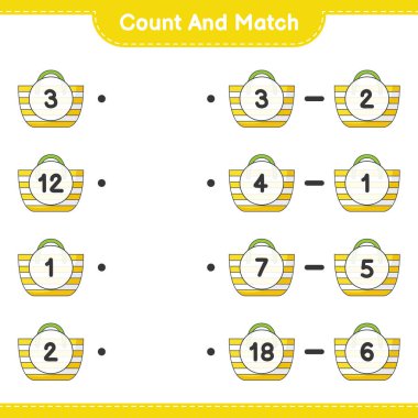 Say ve eşleştir, plaj çantalarını say ve doğru numaralarla eşleştir. Eğitimsel çocuk oyunu, yazdırılabilir çalışma tablosu, vektör illüstrasyonu