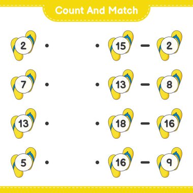Say ve eşleştir, parmak arası terlik sayısını say ve doğru numaralarla eşleştir. Eğitimsel çocuk oyunu, yazdırılabilir çalışma tablosu, vektör illüstrasyonu