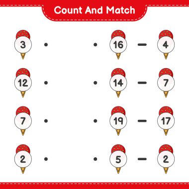Say ve eşleştir, dondurma sayısını say ve doğru sayılarla eşleştir. Eğitimsel çocuk oyunu, yazdırılabilir çalışma tablosu, vektör illüstrasyonu