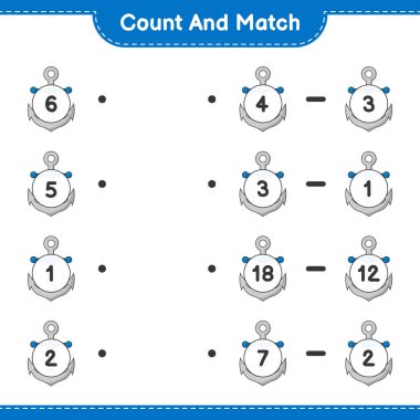 Say ve eşleştir, dayanak noktasını say ve doğru sayılarla eşleştir. Eğitimsel çocuk oyunu, yazdırılabilir çalışma tablosu, vektör illüstrasyonu