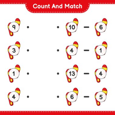 Say ve eşleştir, parmak arası terlik sayısını say ve doğru numaralarla eşleştir. Eğitimsel çocuk oyunu, yazdırılabilir çalışma tablosu, vektör illüstrasyonu