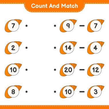 Say ve eşleştir, deniz kabuklarını say ve doğru rakamlarla eşleştir. Eğitimsel çocuk oyunu, yazdırılabilir çalışma tablosu, vektör illüstrasyonu