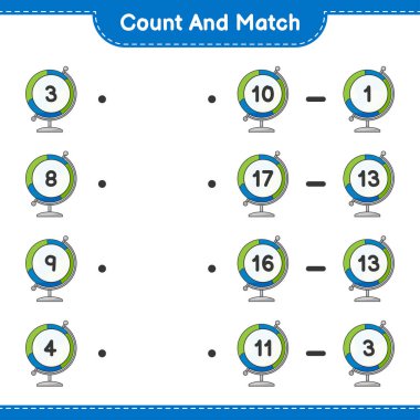 Say ve eşleştir, Globe 'un sayısını say ve doğru sayılarla eşleştir. Eğitimsel çocuk oyunu, yazdırılabilir çalışma tablosu, vektör illüstrasyonu