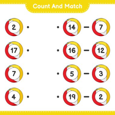 Say ve eşleştir, Beach Ball 'un sayısını say ve doğru numaralarla eşleştir. Eğitimsel çocuk oyunu, yazdırılabilir çalışma tablosu, vektör illüstrasyonu