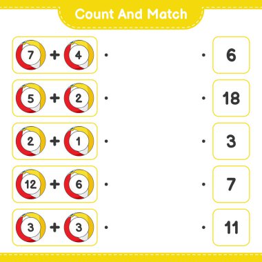 Say ve eşleştir, Beach Ball 'un sayısını say ve doğru numaralarla eşleştir. Eğitimsel çocuk oyunu, yazdırılabilir çalışma tablosu, vektör illüstrasyonu