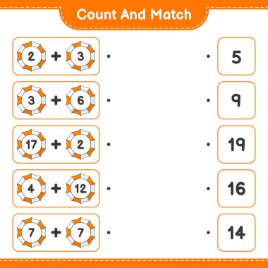 Say ve eşleştir, Plaj Şemsiyesi sayısını say ve doğru numaralarla eşleştir. Eğitimsel çocuk oyunu, yazdırılabilir çalışma tablosu, vektör illüstrasyonu