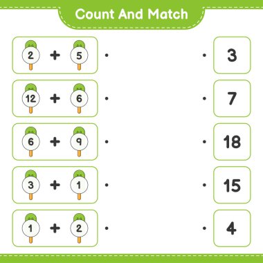 Say ve eşleştir, dondurma sayısını say ve doğru sayılarla eşleştir. Eğitimsel çocuk oyunu, yazdırılabilir çalışma tablosu, vektör illüstrasyonu