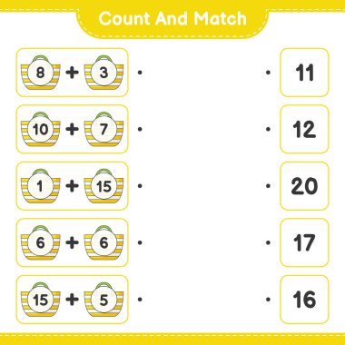 Say ve eşleştir, plaj çantalarını say ve doğru numaralarla eşleştir. Eğitimsel çocuk oyunu, yazdırılabilir çalışma tablosu, vektör illüstrasyonu