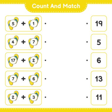 Say ve eşleştir, parmak arası terlik sayısını say ve doğru numaralarla eşleştir. Eğitimsel çocuk oyunu, yazdırılabilir çalışma tablosu, vektör illüstrasyonu