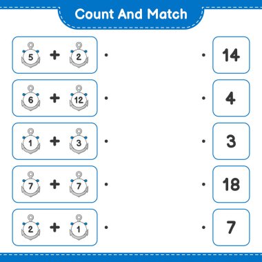 Say ve eşleştir, dayanak noktasını say ve doğru sayılarla eşleştir. Eğitimsel çocuk oyunu, yazdırılabilir çalışma tablosu, vektör illüstrasyonu