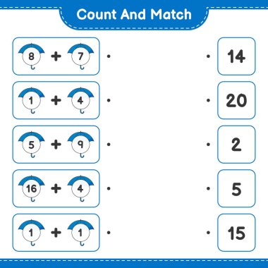 Say ve eşleştir, Şemsiye sayısını say ve doğru numaralarla eşleştir. Eğitimsel çocuk oyunu, yazdırılabilir çalışma tablosu, vektör illüstrasyonu