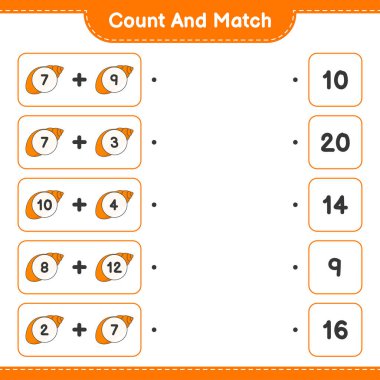 Say ve eşleştir, deniz kabuklarını say ve doğru rakamlarla eşleştir. Eğitimsel çocuk oyunu, yazdırılabilir çalışma tablosu, vektör illüstrasyonu