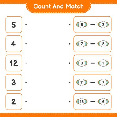 Say ve eşleştir, güneş gözlüğü sayısını say ve doğru numaralarla eşleştir. Eğitimsel çocuk oyunu, yazdırılabilir çalışma tablosu, vektör illüstrasyonu