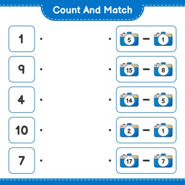 Say ve eşleştir, kamera sayısını say ve doğru sayılarla eşleştir. Eğitimsel çocuk oyunu, yazdırılabilir çalışma tablosu, vektör illüstrasyonu
