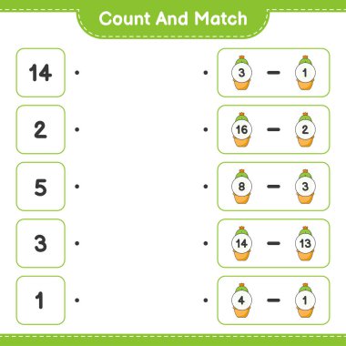 Say ve eşleştir, Kaktüs sayısını say ve doğru sayılarla eşleştir. Eğitimsel çocuk oyunu, yazdırılabilir çalışma tablosu, vektör illüstrasyonu