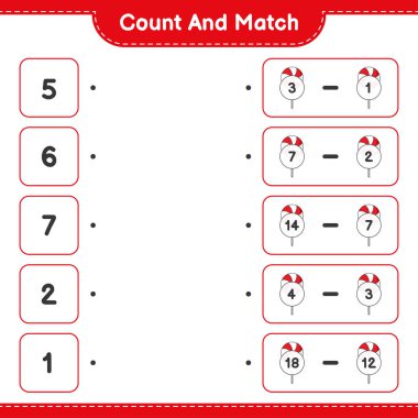 Say ve eşleştir, Candy sayısını say ve doğru sayılarla eşleştir. Eğitimsel çocuk oyunu, yazdırılabilir çalışma tablosu, vektör illüstrasyonu