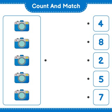 Say ve eşleştir, kamera sayısını say ve doğru sayılarla eşleştir. Eğitimsel çocuk oyunu, yazdırılabilir çalışma tablosu, vektör illüstrasyonu