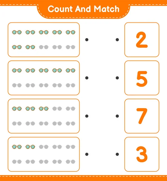 计数和匹配 计数太阳镜的数量 并与正确的数字匹配 教育儿童游戏 可打印工作表 矢量图解 — 图库矢量图片