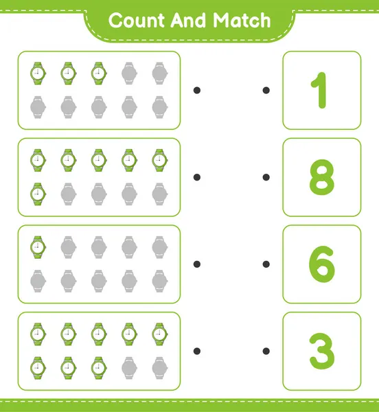 カウントして一致させ ウォッチの数を数え 正しい数字と一致させます 教育用子供ゲーム 印刷可能なワークシート ベクトルイラスト — ストックベクタ