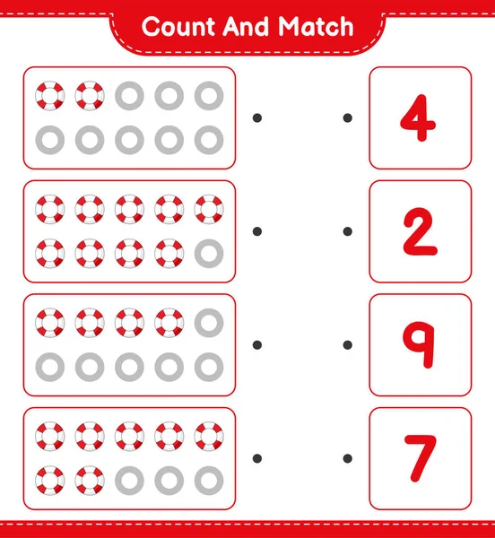 计数和匹配 计数生命浮标的数量 并与正确的数字匹配 教育儿童游戏 可打印工作表 矢量图解 — 图库矢量图片