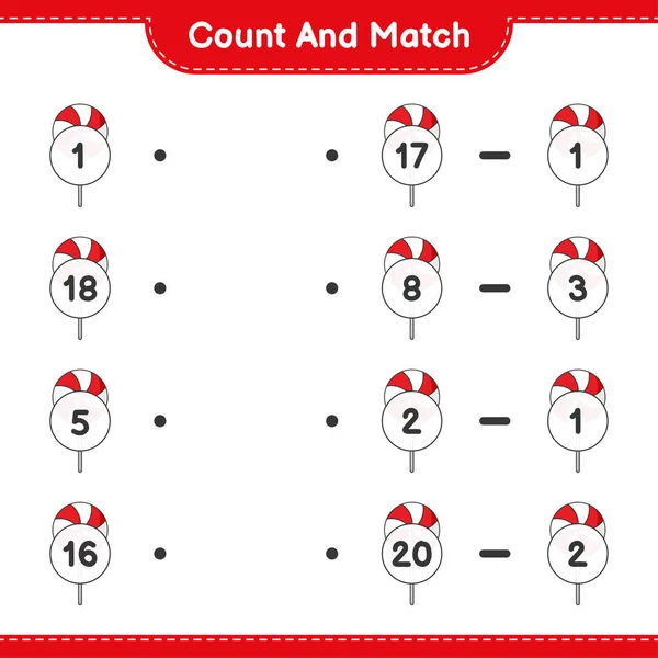 Подсчитайте Сравните Посчитайте Количество Конфет Сравните Правильными Цифрами Образовательные Игры — стоковый вектор