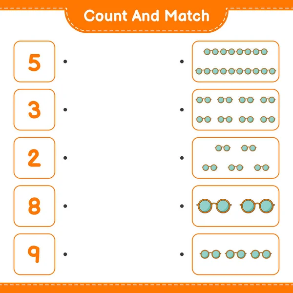 计数和匹配 计数太阳镜的数量 并与正确的数字匹配 教育儿童游戏 可打印工作表 矢量图解 — 图库矢量图片