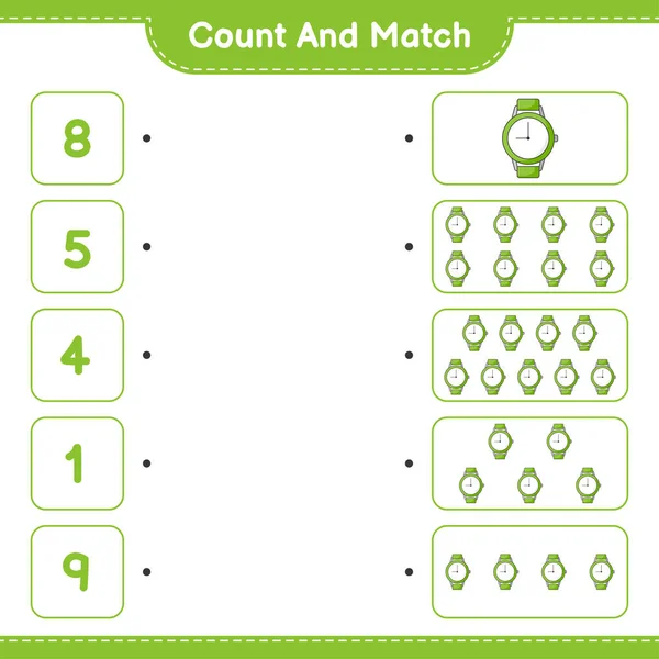 Подсчитайте Сравните Посчитайте Количество Часов Сравните Правильными Числами Образовательные Игры — стоковый вектор