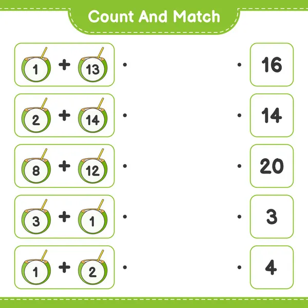 カウントして一致させ ココナッツの数を数え 正しい数と一致させます 教育用子供ゲーム 印刷可能なワークシート ベクトルイラスト — ストックベクタ