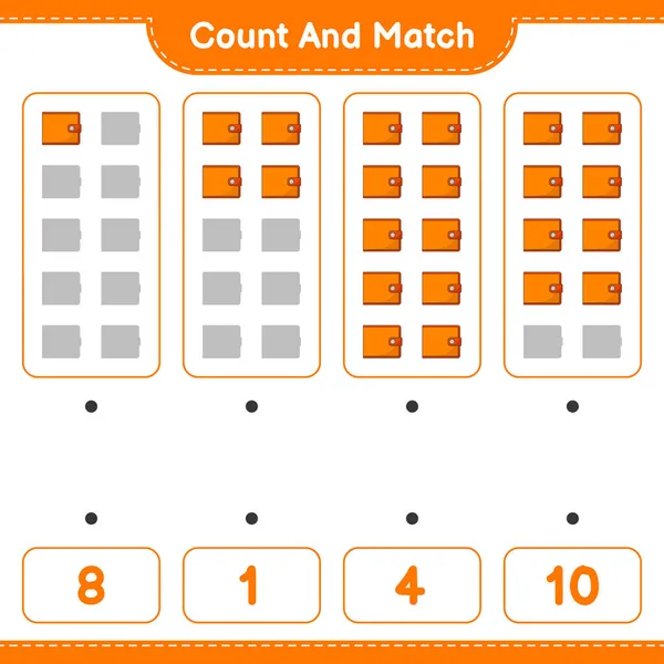 计数和匹配 计数钱包的数量和匹配的正确数字 教育儿童游戏 可打印工作表 矢量图解 — 图库矢量图片