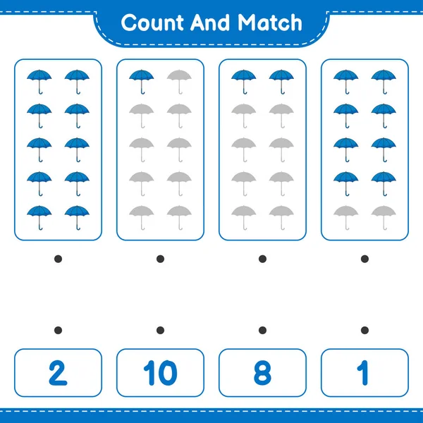 Policz Dopasuj Policz Liczbę Parasoli Dopasuj Odpowiednich Liczb Edukacyjna Gra — Wektor stockowy